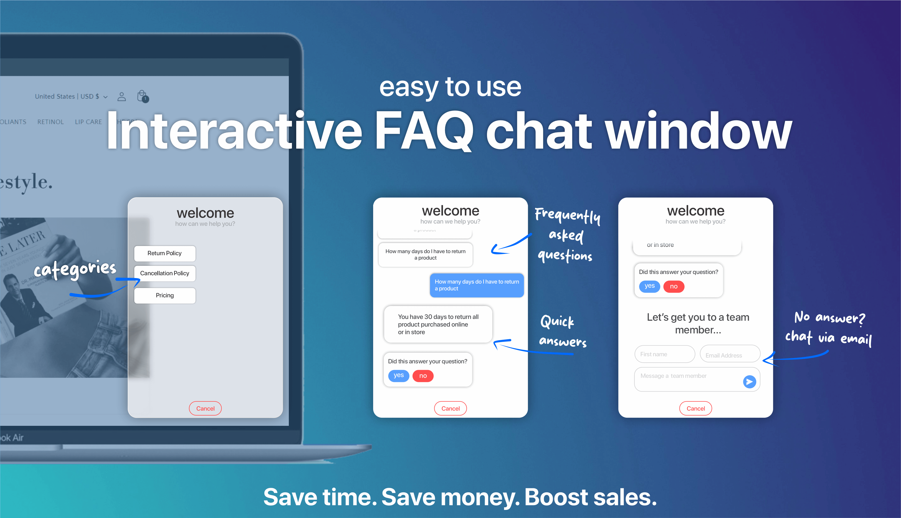 FAQ chat widget showing customer questions and instant automated responses on website