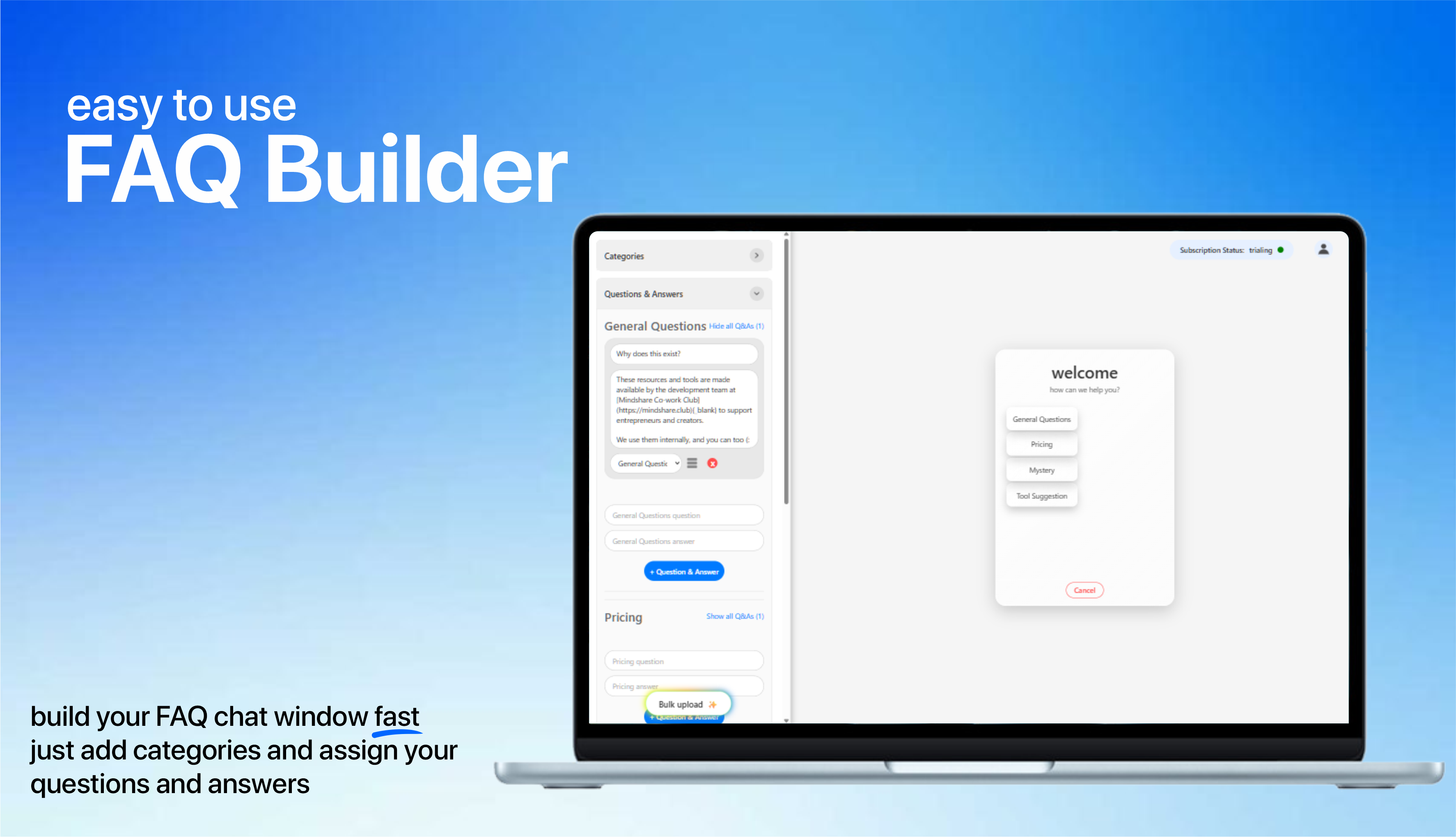 Customizable FAQ chat interface with business branding and multiple question categories